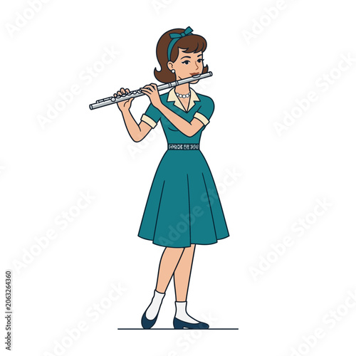Retro woman playing flute, isolated