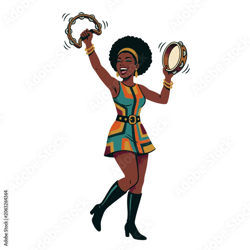 Retro woman playing tambourines, dancing illustration