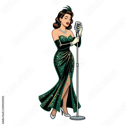 Retro Woman Singing Into Microphone, Vintage Style