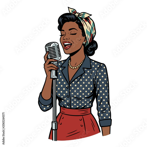 Retro singer woman with vintage microphone, isolated