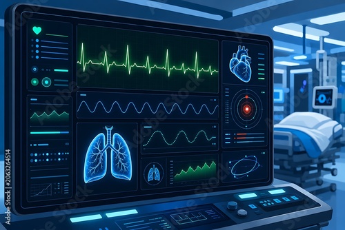 Futuristic Medical Monitoring Dashboard Showing Heart ECG And Lung Health Data In Hospital ICU