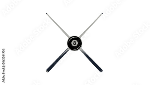 Foto Minimalist Crossed Billiard Cues and Eight Ball Icon Symbol, isolated white background