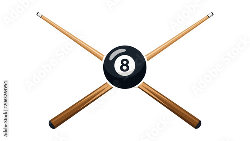 Foto Crossed Billiard Cues and Eight Ball Icon Symbol, isolated white background