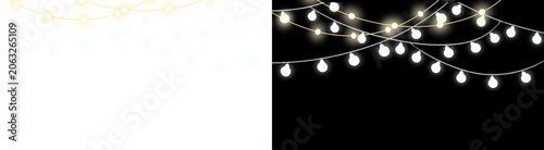 PNG image of Glowing string lights with hanging white bulbs, festive fairy light garlands for celebration, decorative outdoor party lighting illustration isolated on Transparent Background