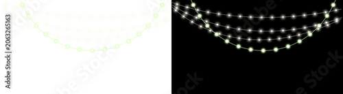 PNG image of Glowing string lights hanging in swags, festive fairy light garlands for celebration decor, white luminous bulbs isolated on Transparent Background