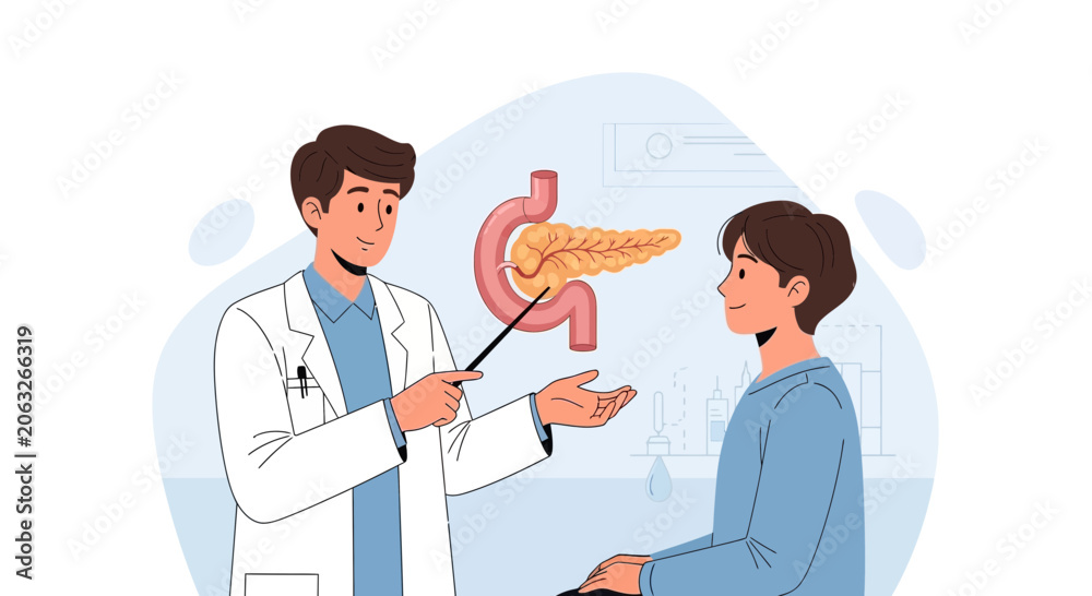 Obraz premium Doctor explains pancreas anatomy and function to patient illustration
