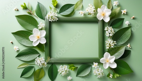 serene green leafy frame with white blossoms and small flowers surrounding an empty center fresh botanical background evoking calm and renewal