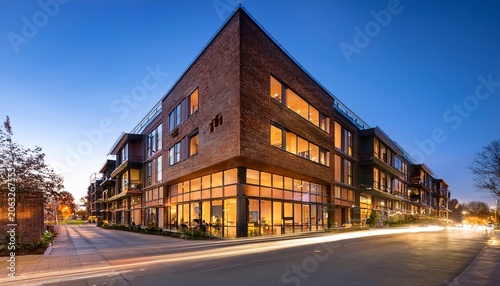 modern brick and glass corner building at dusk with warm lit interiors balconies and streaking car lights conveying an inviting lively evening in an urban neighborhood