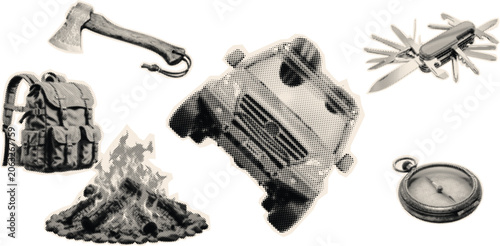 Halftone camping gear collage featuring axe knife compass backpack and campfire in outdoor vector style
