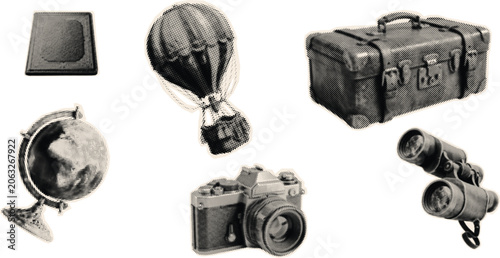 Halftone vector collage of camera globe parachute bag and binoculars equipment set