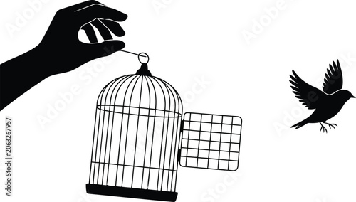 Bild auf Leinwand Hand opening bird cage for letting bird fly vector illustration.
