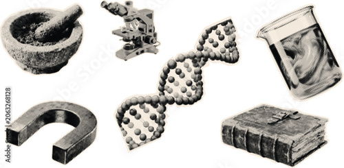 Halftone science icons including dna strand microscope mortar pestle bottle and old book arrangement