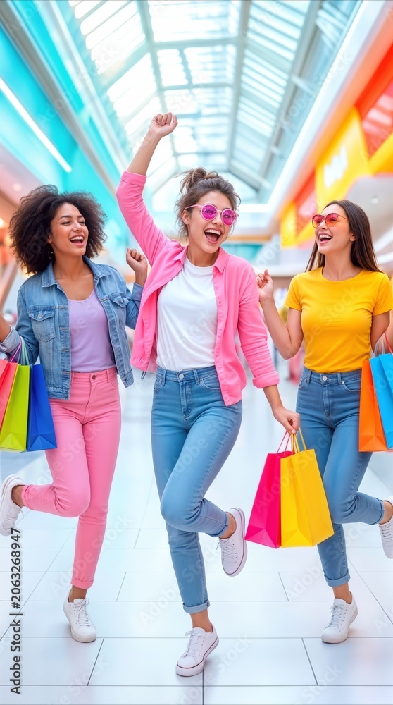 Obraz premium Group of diverse women cheering and jumping with colorful shopping bags in modern retail center. Friends celebrating successful retail therapy during weekend sale.