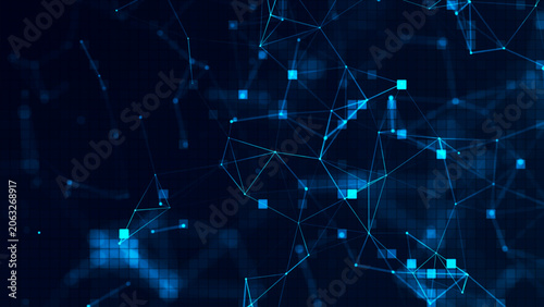 Obraz na płótnie This abstract visualization of a digital network features interconnected nodes and lines against a dark blue background