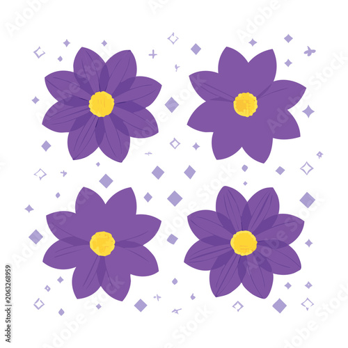 Purple Flowers with Yellow Centers in Flat Design Pattern