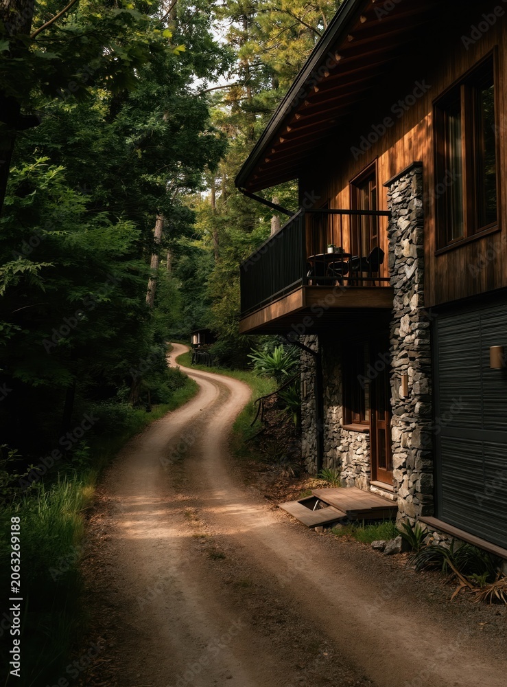 Fototapeta premium Wooden cabin with stone accents sits beside winding dirt path. Balcony overlooks forest edge. Secluded retreat offers peaceful nature escape. Rural home vacation.