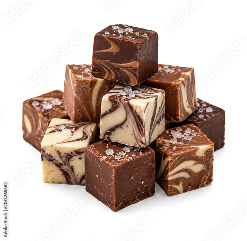 Chocolate fudge cubes stacked on top of each other cut out