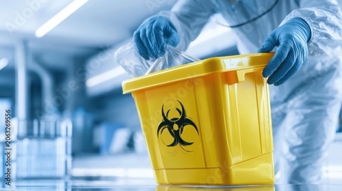 Medical professional disposing of infectious waste in a biohazard container