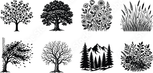 Quadro su tela Title: Seasonal nature silhouette bundle featuring detailed trees flowers grass