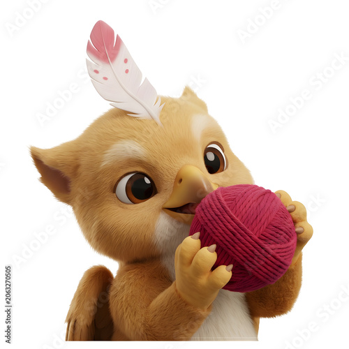 Cute Cartoon Bird Playing with Yarn