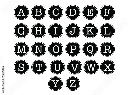 Vintage Typewriter Key Alphabet Uppercase Letters A to Z Black Circle Button Font Vector Set