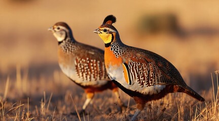 Two colorful gamebirds, possibly partridges, stand in dry grass during sunset. One bird has a distinctive crest and vibrant orange neck feathers. They appear alert in arid, natural habitat.