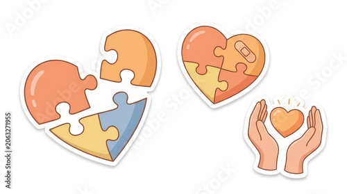 Heart Puzzle Healing and Caring Hands Sticker Illustration Set