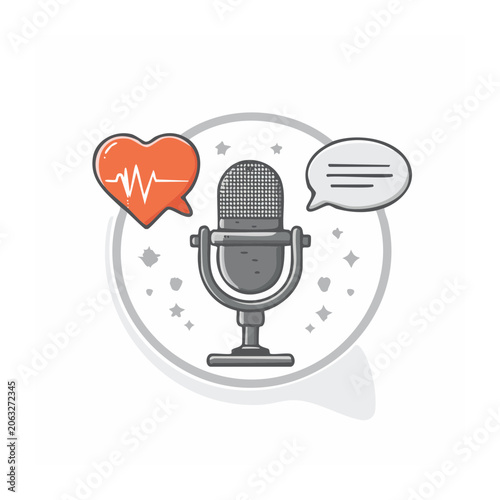 Flat design microphone with heart and sound waves
