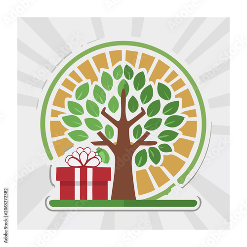Flat design tree with gift box and sunburst background