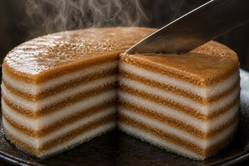 Traditional Chinese steamed layer cake being sliced with a knife. Asian dessert with brown sugar and coconut milk texture. Hot food served during Lunar New Year celebration concept.