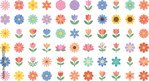 Large Collection of Flat Design Colorful Flower Icons Featuring Roses Tulips and Sunflowers for Spring Patterns Greeting Cards and Nature Projects