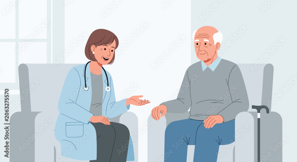 Fototapeta premium Doctor consulting elderly man in clinic, healthcare, medical examination, patient care