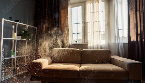 dust particles floating in a room with sofa and window