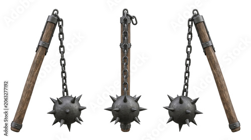 Foto Set of 3 multi-angle variations of medieval flail spiked ball chain mace antique