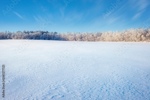 Beautiful  winter landscape with textured snow field and frosted forest. Wide winter nature background banner with copy space representing frozen plain, majesty and freedom.
