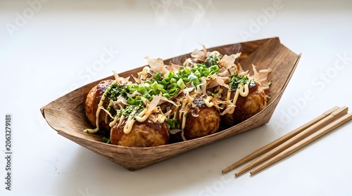 Steaming takoyaki dish with chopsticks on white background