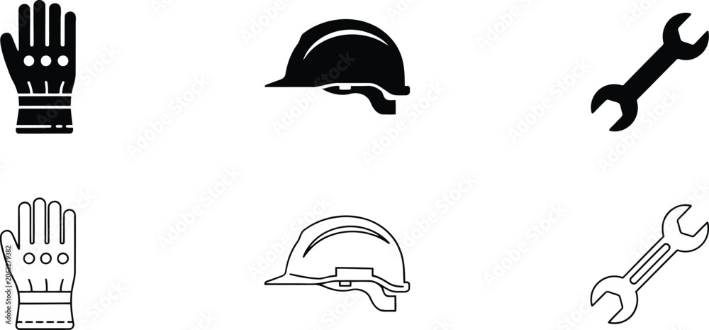 Fototapeta premium Construction and industrial set featuring safety gloves, hard hat, and wrench, presented in solid black and outline styles