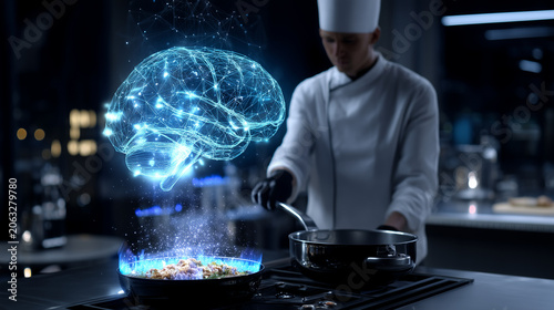 A professional chef cooking in a futuristic kitchen, with a glowing holographic brain analyzing flavors, molecular structure, and culinary chemistry recipes. chef, cooking, smart k