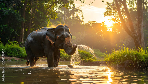 An elephant sprays water with its trunk in a sun-drenched forest river at golden hour, creating a mystical atmosphere