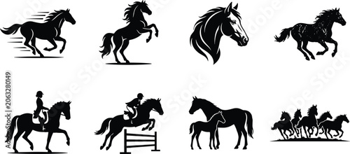 Foto Collection of horse silhouettes and vector illustrations featuring running stall