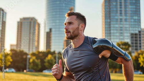 athletic male with prosthetic arm running on urban bridge at sunrise