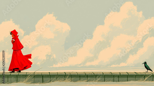 Girl in red hooded cloak walking along stone wall against cloudy sky