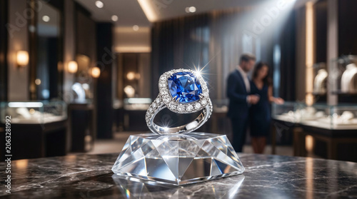 A luxurious jewelry store interior featuring a stunning sapphire ring on a crystal display. Elegant lighting highlights the ring's brilliance.