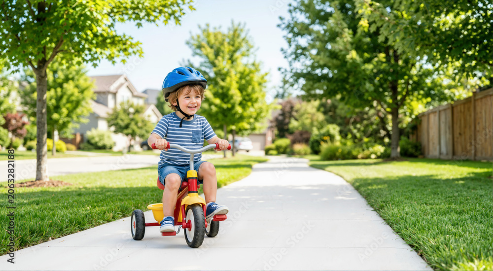 Obraz premium Smiling toddler boy riding a colorful tricycle on a suburban sidewalk. Young child wearing a blue safety helmet playing outdoors on a sunny day