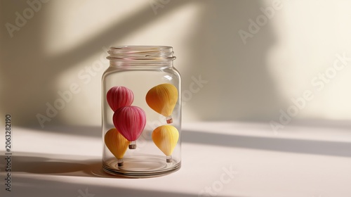 Glass jar filled with miniature hot air balloons floating in warm light, symbolizing dreams, adventure, and limitless imagination.
