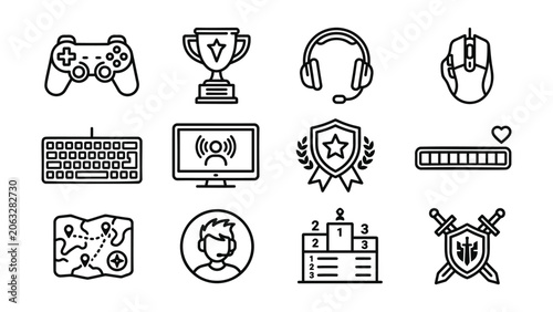 Obraz na płótnie Collection of gamingrelated icons including a gamepad trophy headphones mouse ke