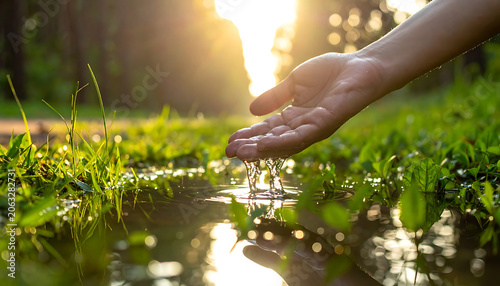 A hand cupping water in a lush green environment during golden hour, symbolizing nature and purity