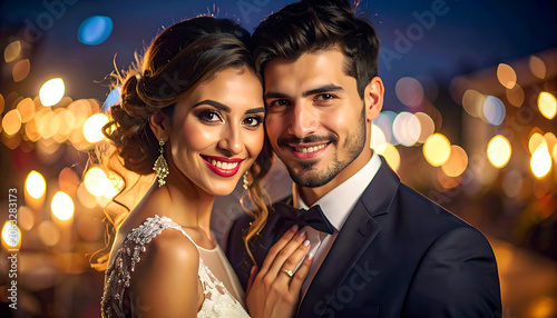 A happy couple in formal attire, smiling lovingly with soft bokeh lights in the background, romantic evening.