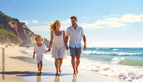 A happy family, parents and child walking on a sunny beach, holding hands, enjoying summer vacation by the ocean