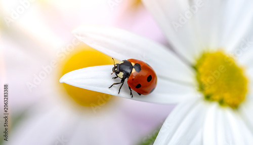 A detailed close-up of a bright red ladybug with black spots resting on a delicate white daisy petal, bathed in warm sunlight, conveying a sense of nature's simple beauty and spring awakening.